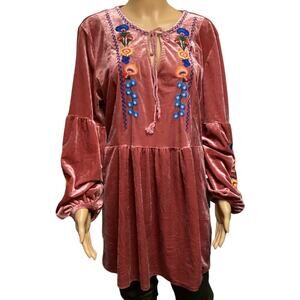 Misslook velvet boho embroidered mini tunic dress dusty rose balloon sleeves XL